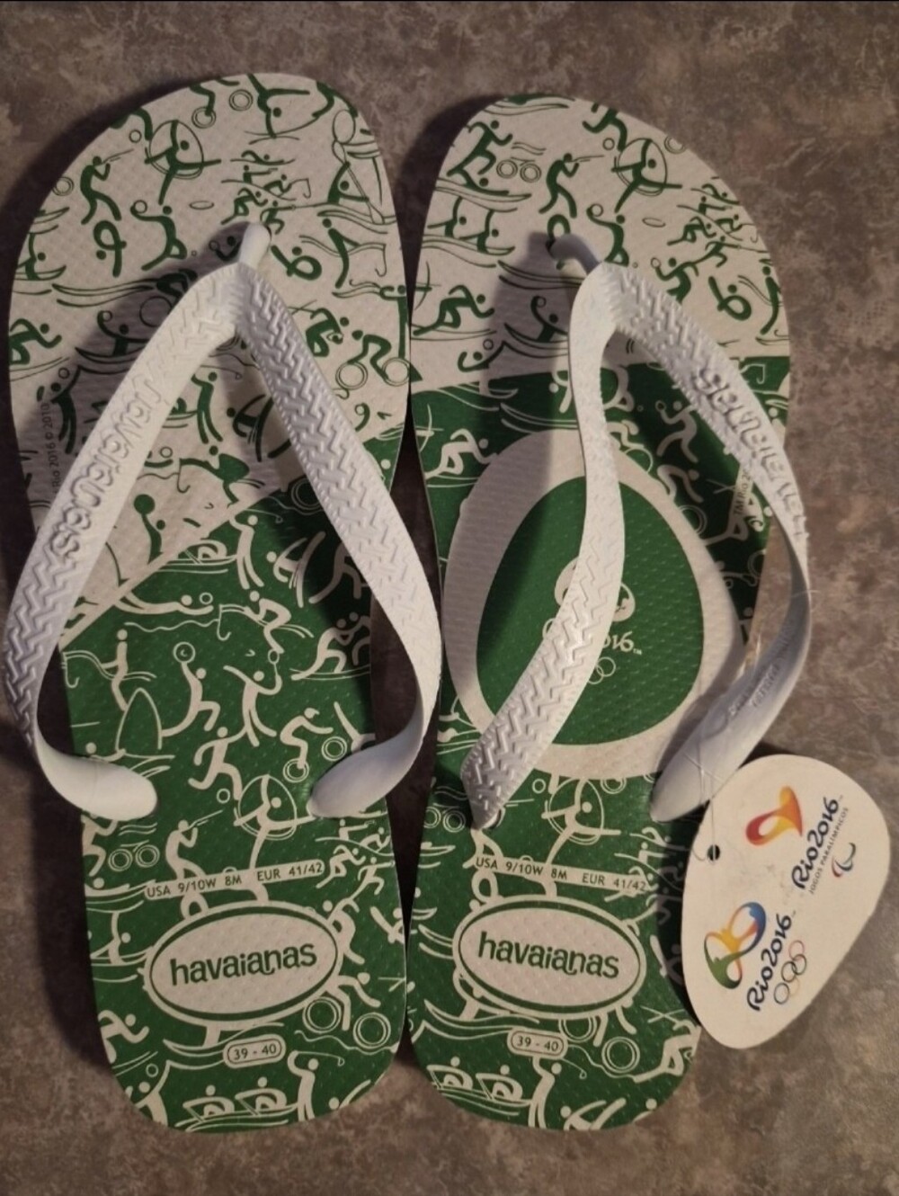 NWT Havaianas Rio 2016 Olympics Flip Flops Green White Men 8 / Women 9-10